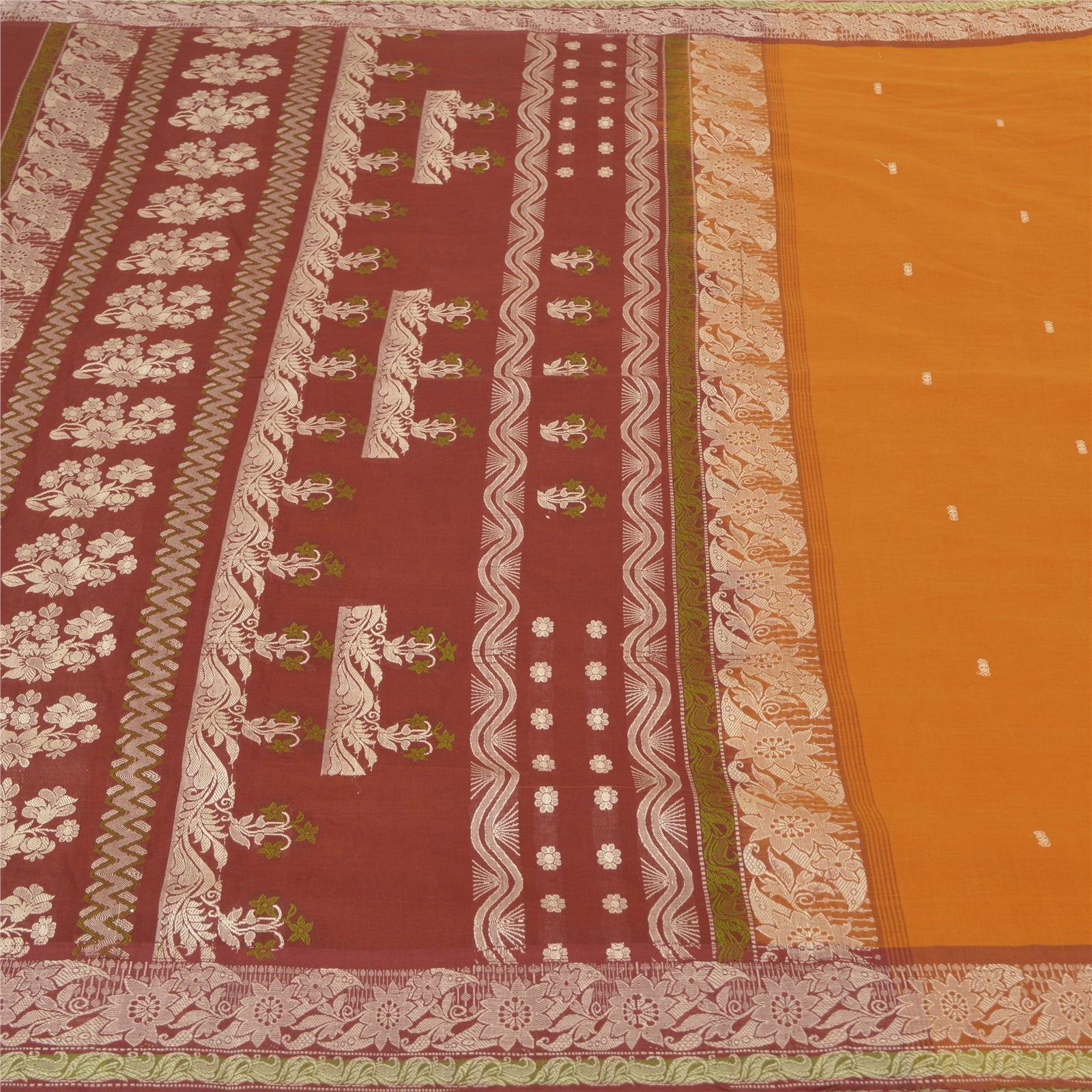 Sanskriti Vintage Woven Pure Cotton Sari Fabric: Orange & Dark Red Indian Saree, 5.4yd Uses--Crafts Sewing Patchwork Home Decor, Bag Making, Etc
