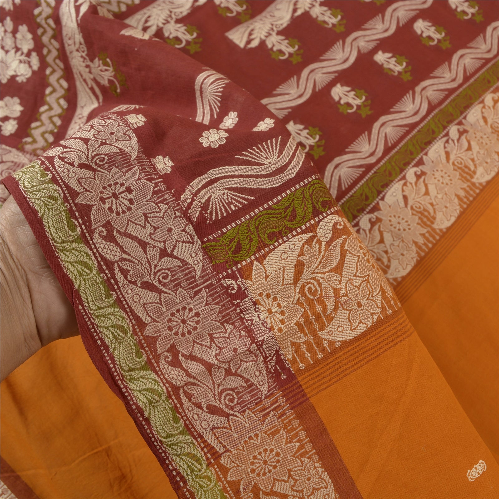 Sanskriti Vintage Woven Pure Cotton Sari Fabric: Orange & Dark Red Indian Saree, 5.4yd Uses--Crafts Sewing Patchwork Home Decor, Bag Making, Etc