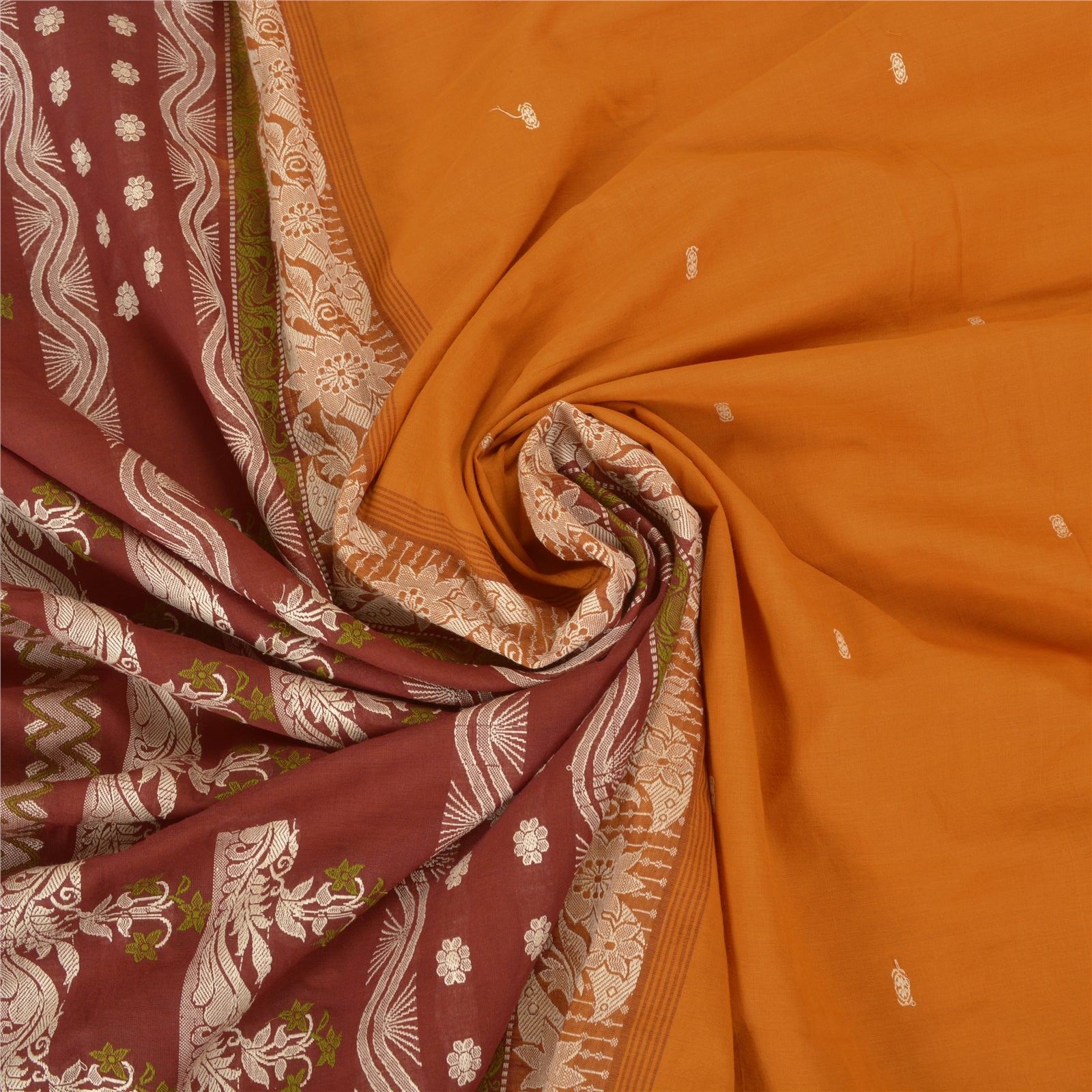 Sanskriti Vintage Woven Pure Cotton Sari Fabric: Orange & Dark Red Indian Saree, 5.4yd Uses--Crafts Sewing Patchwork Home Decor, Bag Making, Etc
