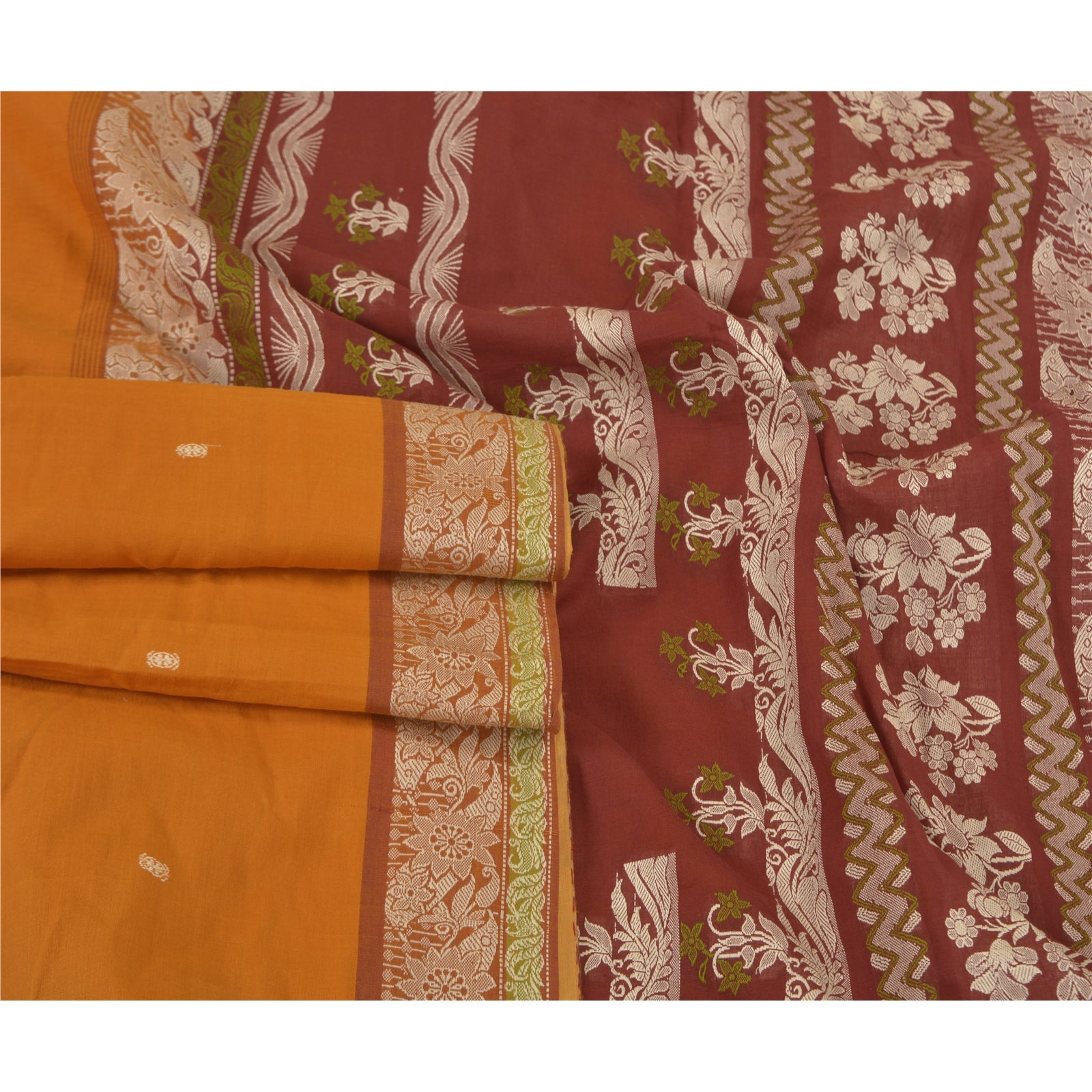 Sanskriti Vintage Woven Pure Cotton Sari Fabric: Orange & Dark Red Indian Saree, 5.4yd Uses--Crafts Sewing Patchwork Home Decor, Bag Making, Etc