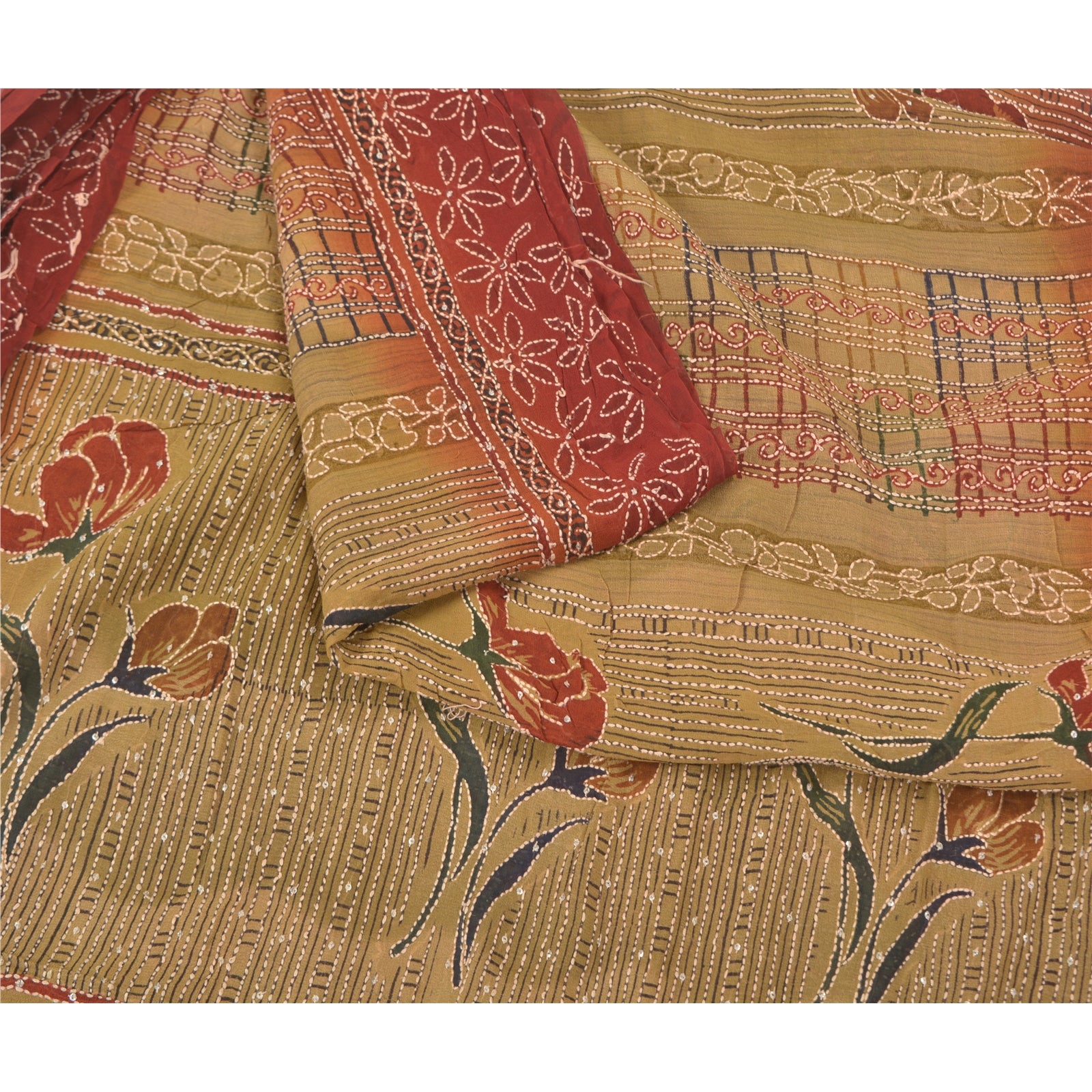 Sanskriti Vintage Kantha Embroidered Blend Georgette Saree Fabric - Dark Red & Brown 6Yd Assorted Sari Scraps, Upcycled Remnant Fabric