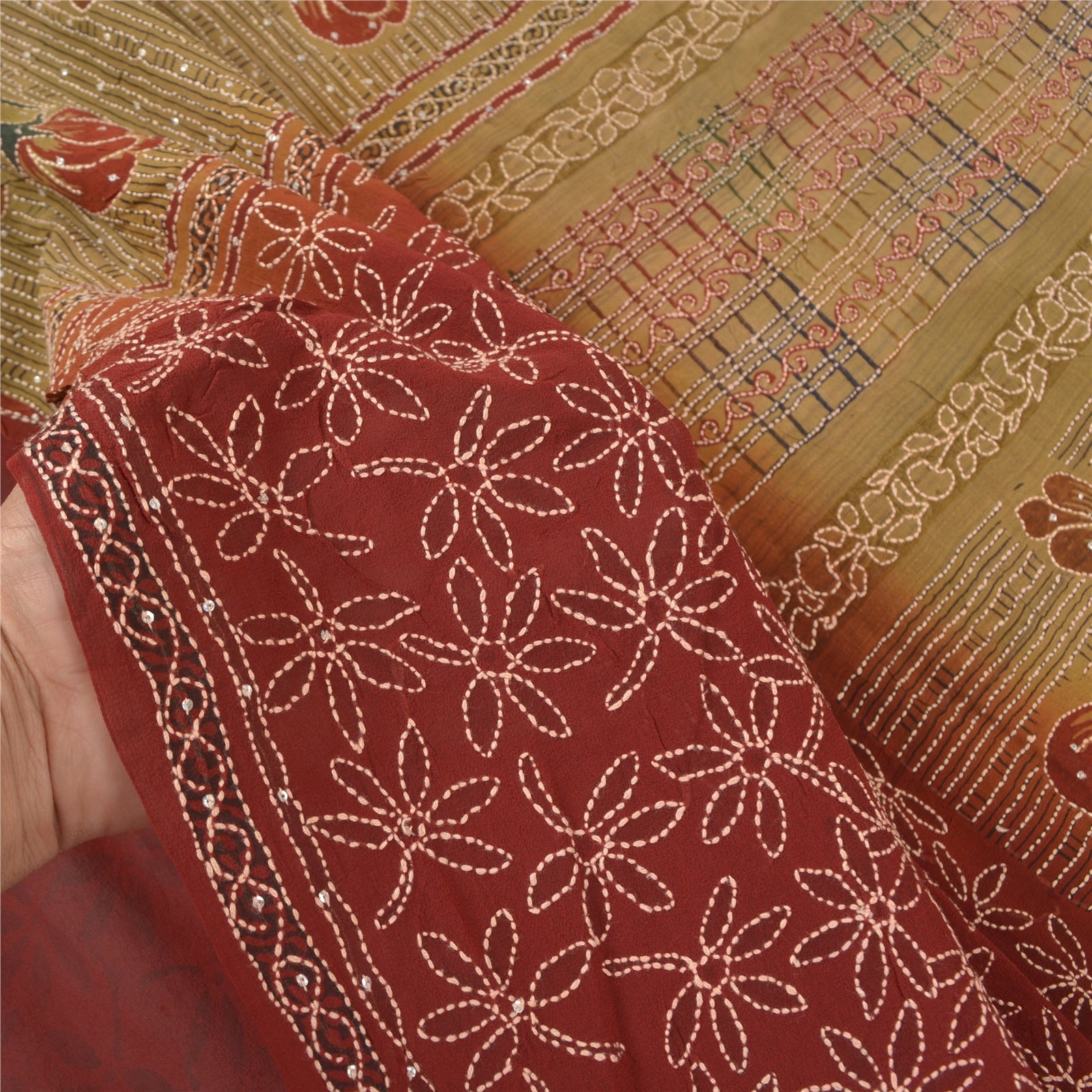 Sanskriti Vintage Kantha Embroidered Blend Georgette Saree Fabric - Dark Red & Brown 6Yd Assorted Sari Scraps, Upcycled Remnant Fabric