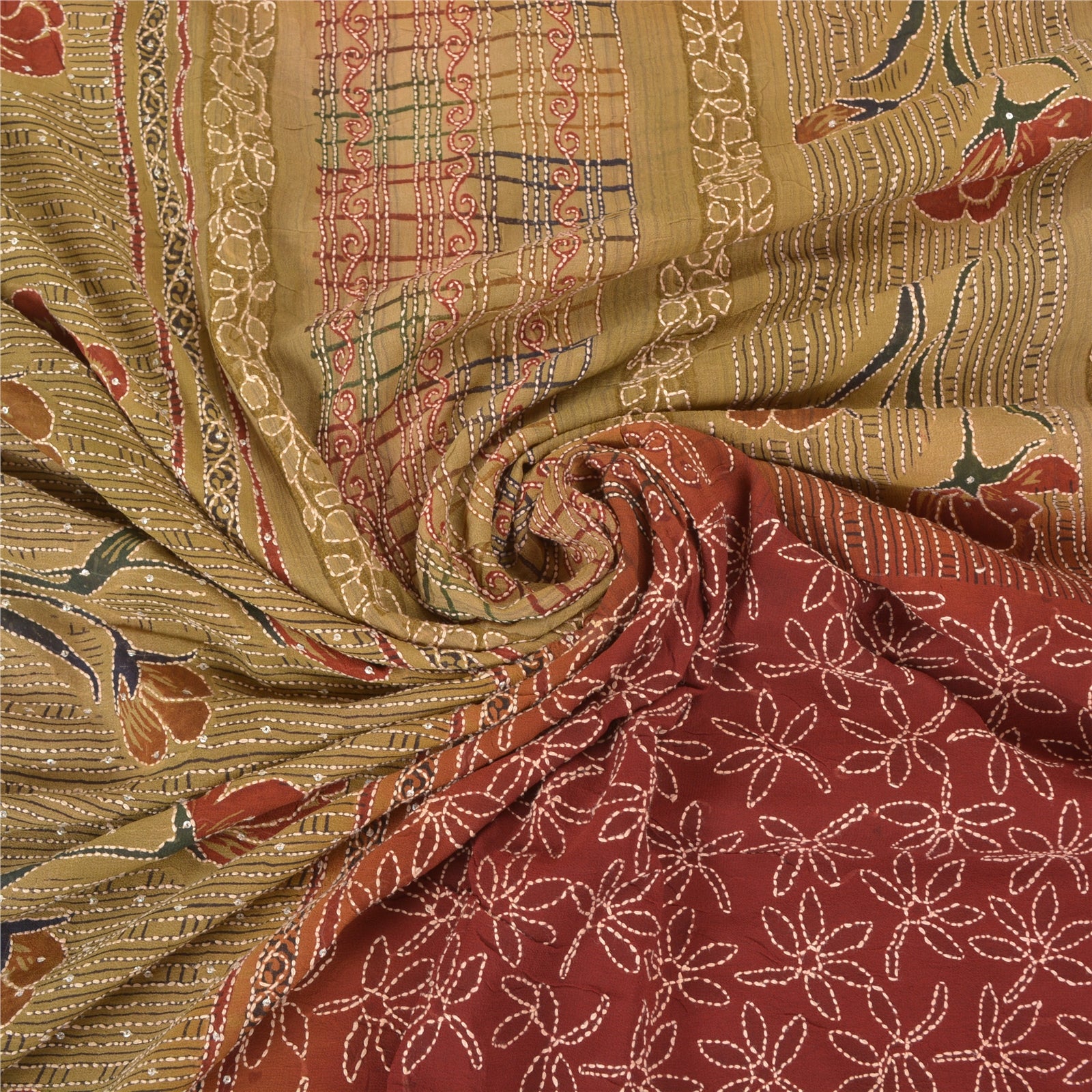 Sanskriti Vintage Kantha Embroidered Blend Georgette Saree Fabric - Dark Red & Brown 6Yd Assorted Sari Scraps, Upcycled Remnant Fabric