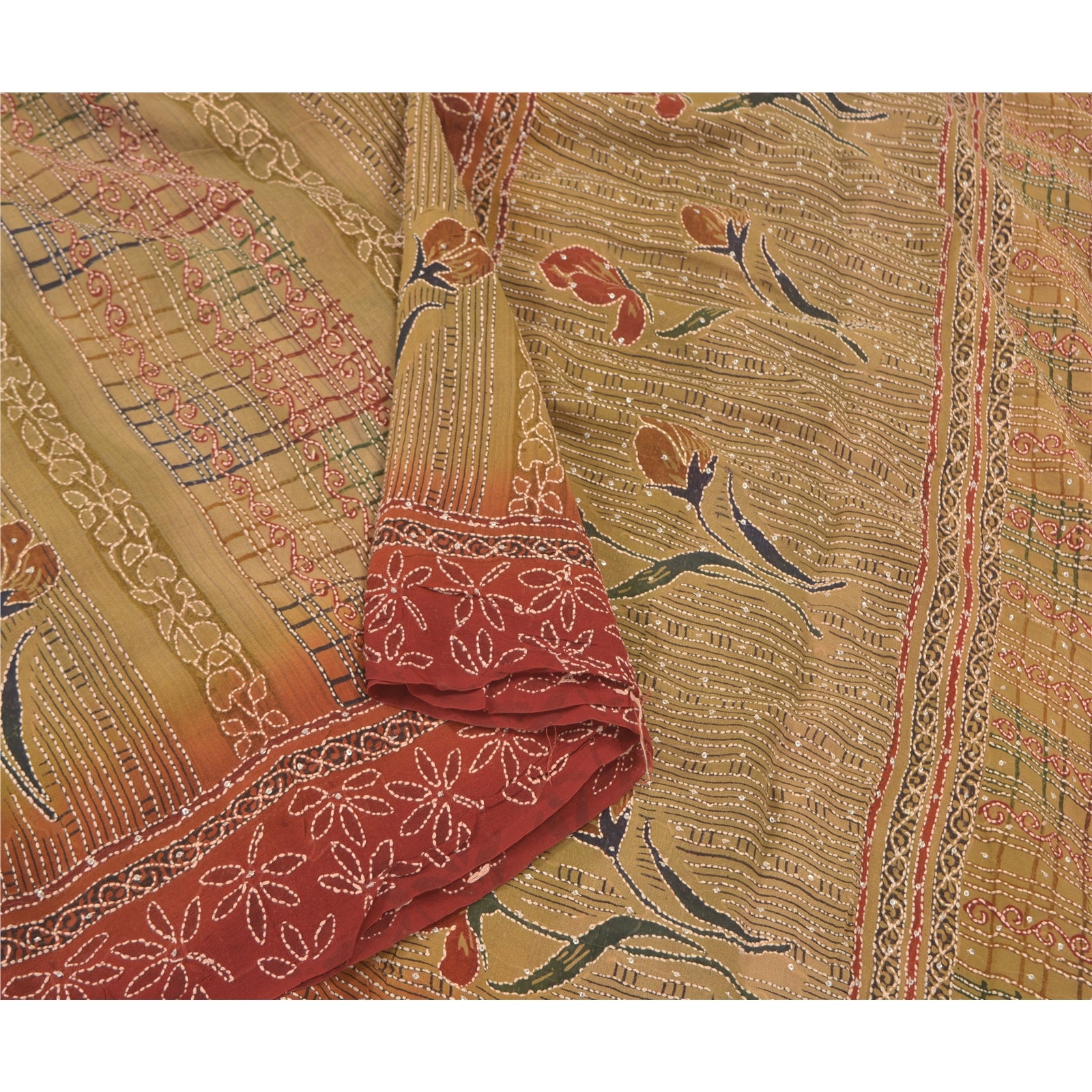 Sanskriti Vintage Kantha Embroidered Blend Georgette Saree Fabric - Dark Red & Brown 6Yd Assorted Sari Scraps, Upcycled Remnant Fabric