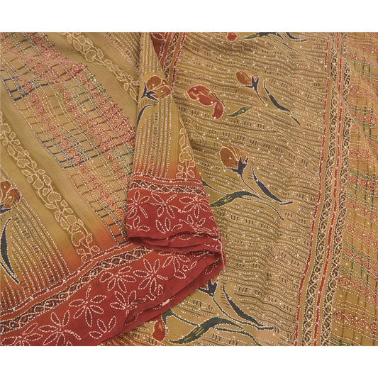 Sanskriti Vintage Brown Sarees Pure Georgette Silk Handmade Kantha Sari Sustainable Fabric