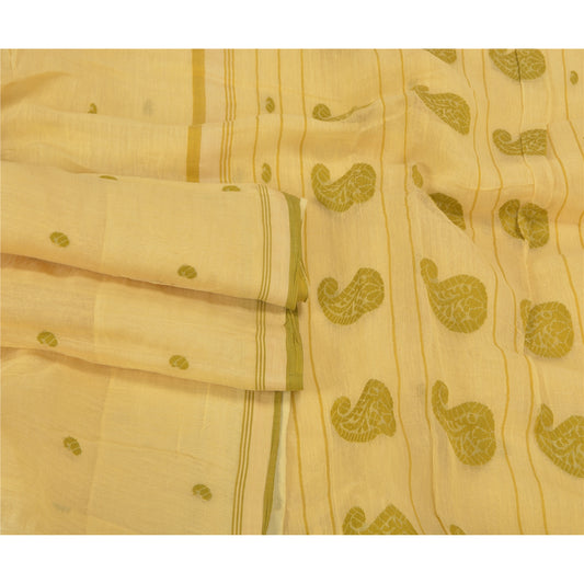 Sanskriti Vintage Lemon Sarees 100% Pure Silk Hand-Woven Sari 5 Yard Sustainable Fabric