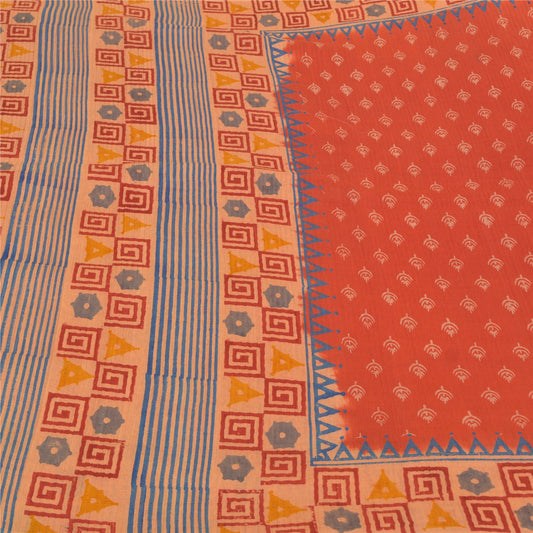 Sanskriti Vintage Orange Sarees 100% Pure Silk Hand-Block Printed Sari Sustainable Fabric