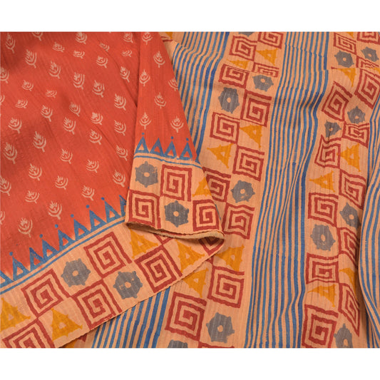 Sanskriti Vintage Orange Sarees 100% Pure Silk Hand-Block Printed Sari Sustainable Fabric
