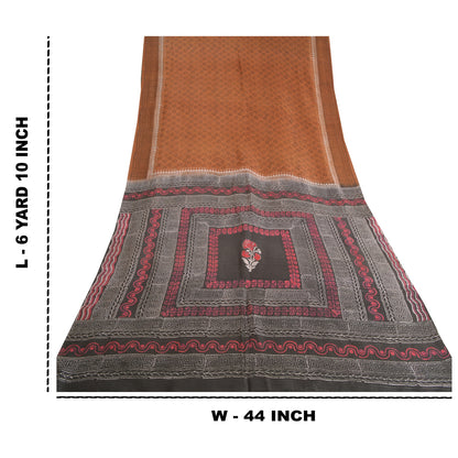 Sanskriti Vintage Brown Sarees Pure Silk Hand-Block Print Premium Sari Sustainable Fabric