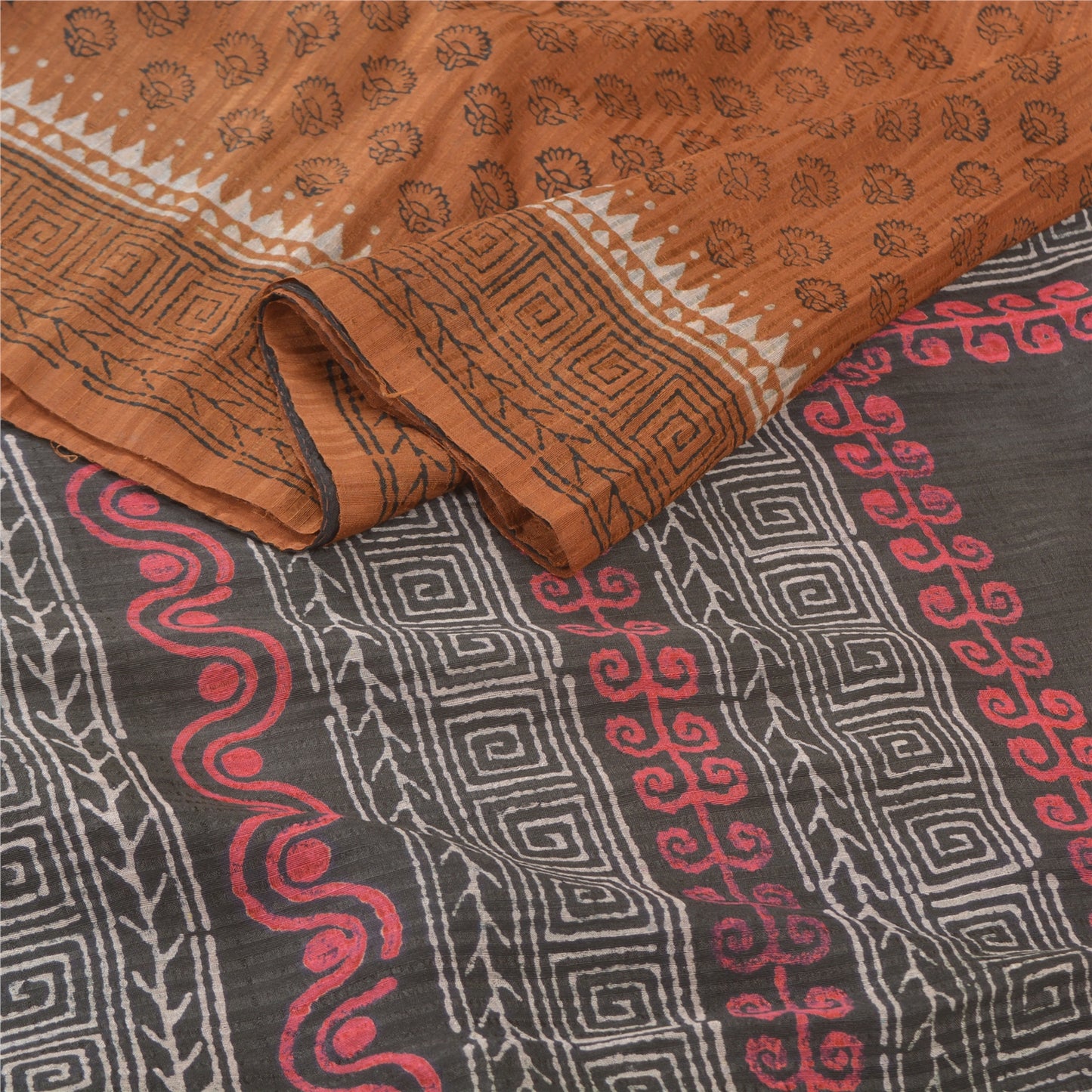 Sanskriti Vintage Brown Sarees Pure Silk Hand-Block Print Premium Sari Sustainable Fabric
