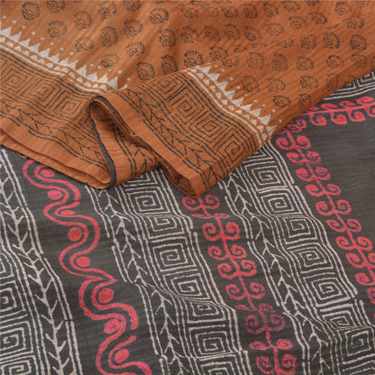Sanskriti Vintage Brown Sarees Pure Silk Hand-Block Print Premium Sari Sustainable Fabric