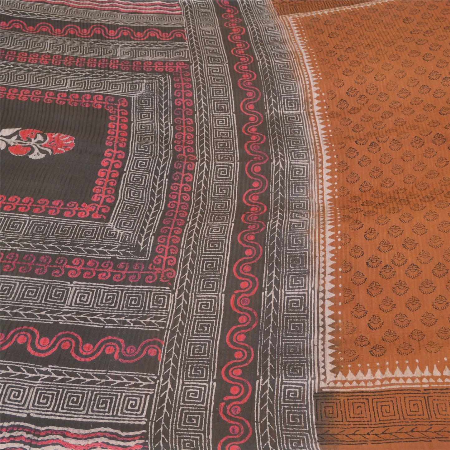 Sanskriti Vintage Brown Sarees Pure Silk Hand-Block Print Premium Sari Sustainable Fabric