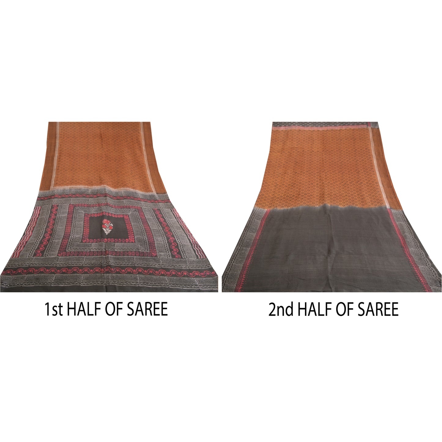 Sanskriti Vintage Brown Sarees Pure Silk Hand-Block Print Premium Sari Sustainable Fabric