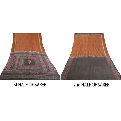 Sanskriti Vintage Brown Sarees Pure Silk Hand-Block Print Premium Sari Sustainable Fabric