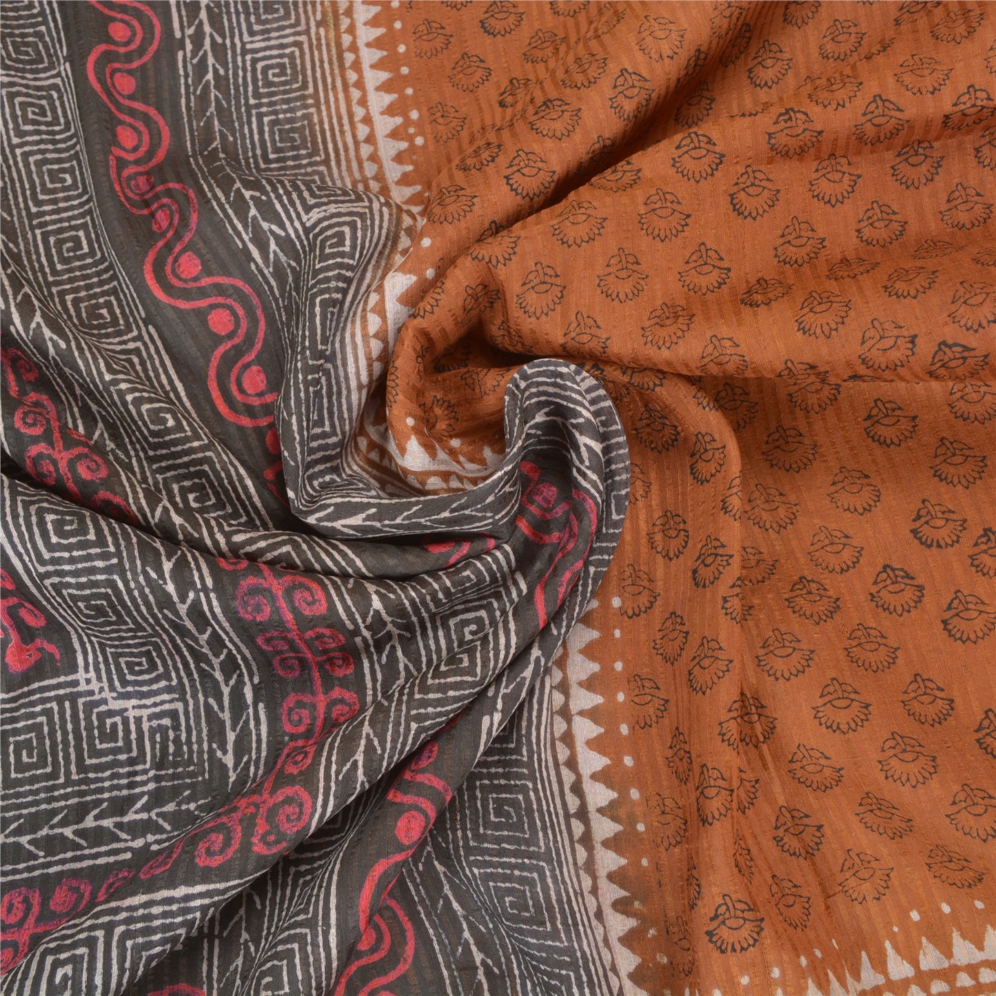 Sanskriti Vintage Brown Sarees Pure Silk Hand-Block Print Premium Sari Sustainable Fabric