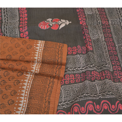 Sanskriti Vintage Brown Sarees Pure Silk Hand-Block Print Premium Sari Sustainable Fabric