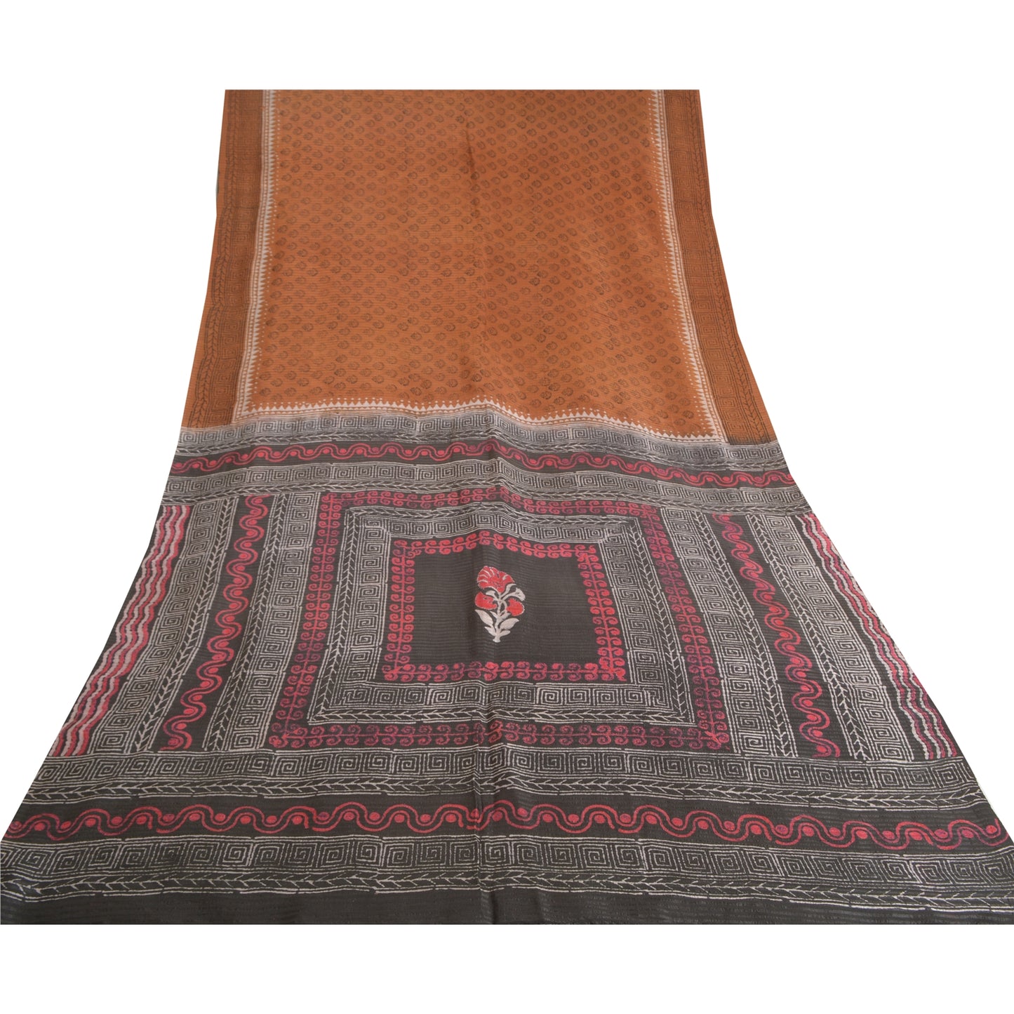 Sanskriti Vintage Brown Sarees Pure Silk Hand-Block Print Premium Sari Sustainable Fabric