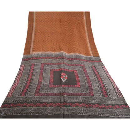 Sanskriti Vintage Brown Sarees Pure Silk Hand-Block Print Premium Sari Sustainable Fabric