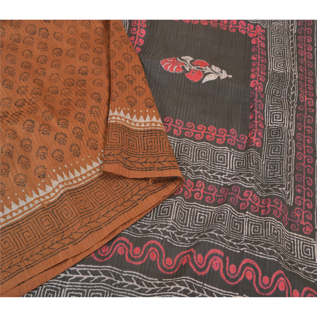 Sanskriti Vintage Brown Sarees Pure Silk Hand-Block Print Premium Sari Sustainable Fabric