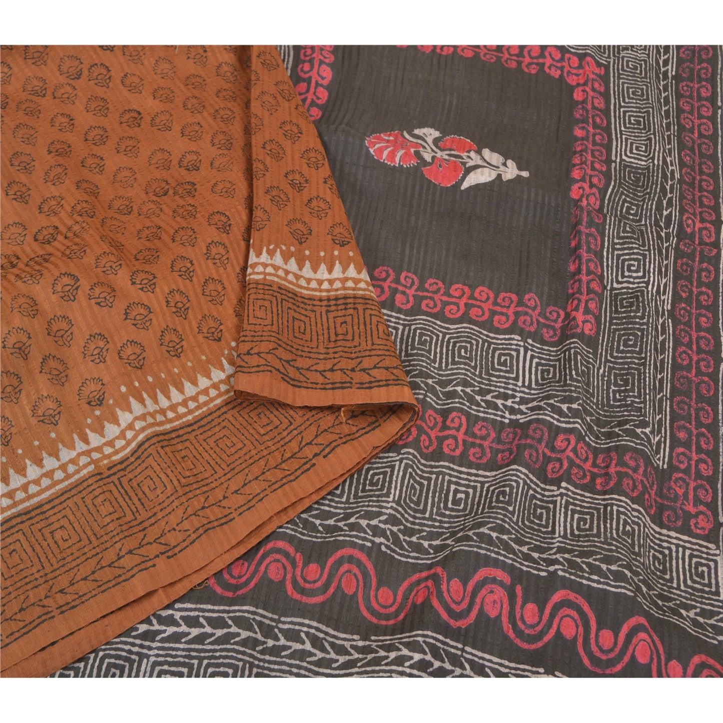 Sanskriti Vintage Brown Sarees Pure Silk Hand-Block Print Premium Sari Sustainable Fabric