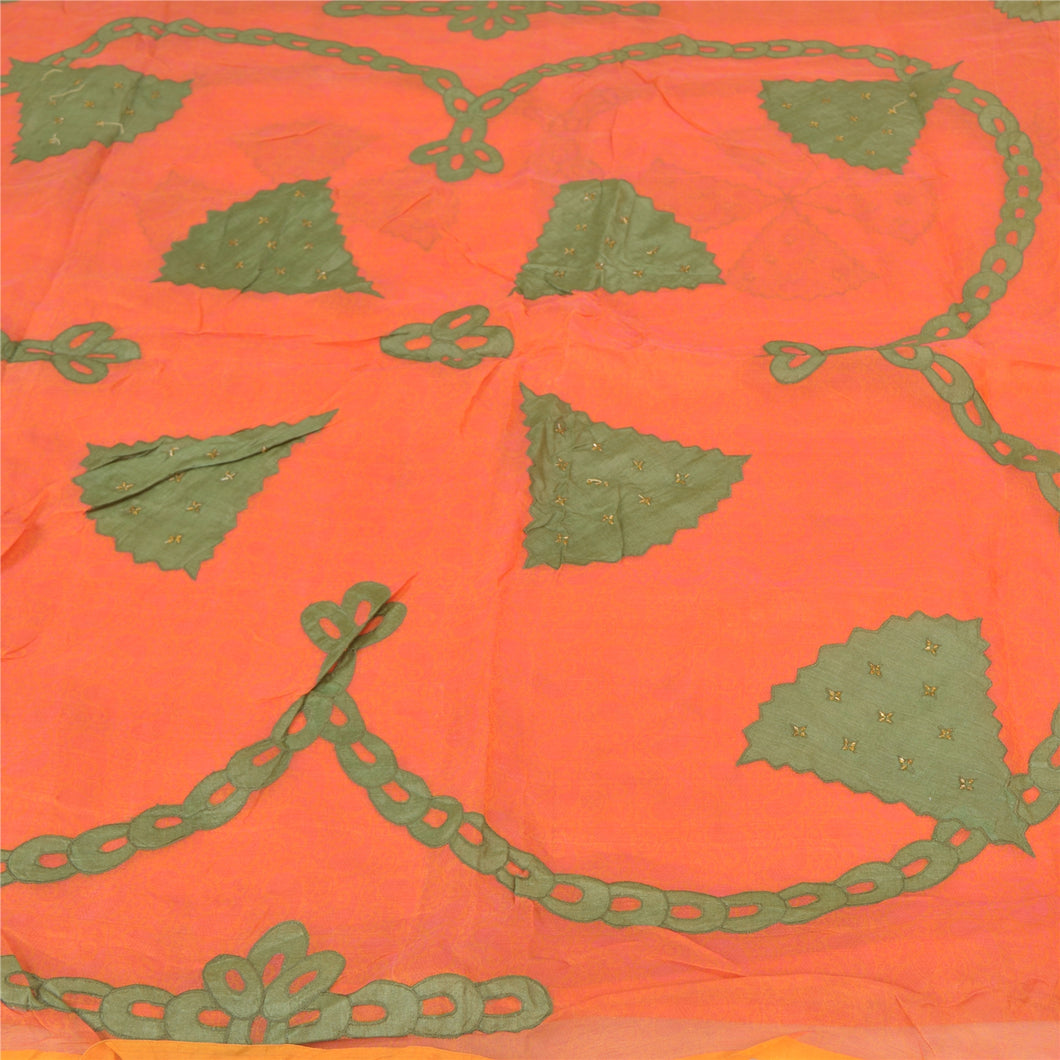 Sanskriti Vintage Orange Sarees Pure Silk Hand Beaded Applique Work Sari Fabric