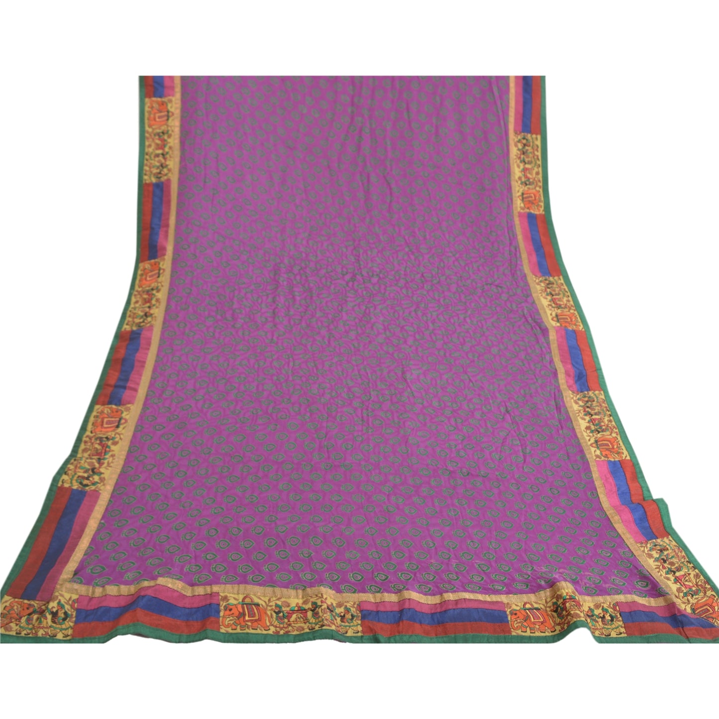 Sanskriti Vintage Purple Sarees Blend Georgette Embroidered Animal Sari Sustainable Fabric