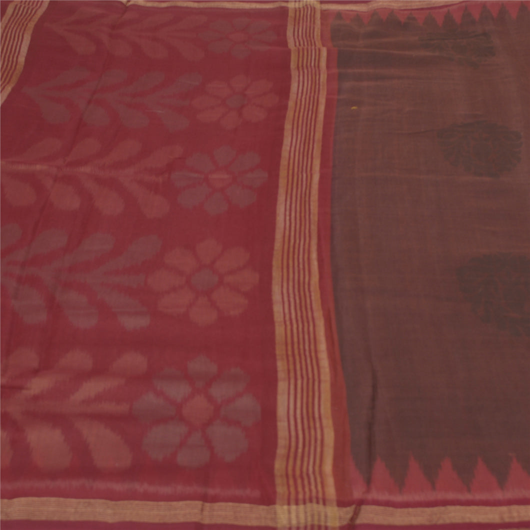 Sanskriti Vintage Brown Sarees 100% Pure Silk Woven Sari Craft Soft 5 YD Fabric
