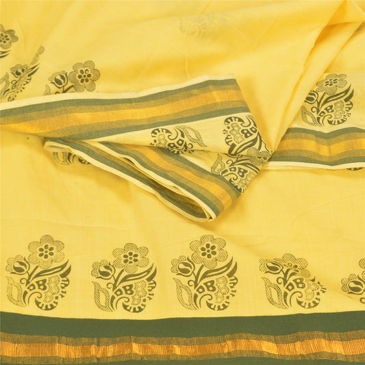 Sanskriti Vintage Yellow Sarees Blend Cotton Block Printed Premium Sari Sustainable Fabric