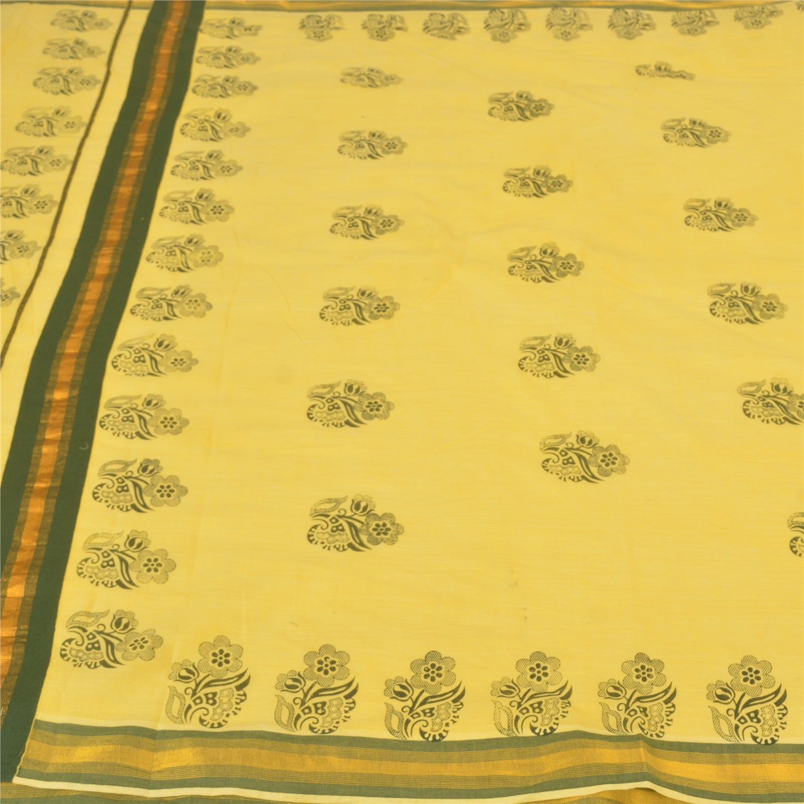 Sanskriti Vintage Yellow Sarees Blend Cotton Block Printed Premium Sari Sustainable Fabric