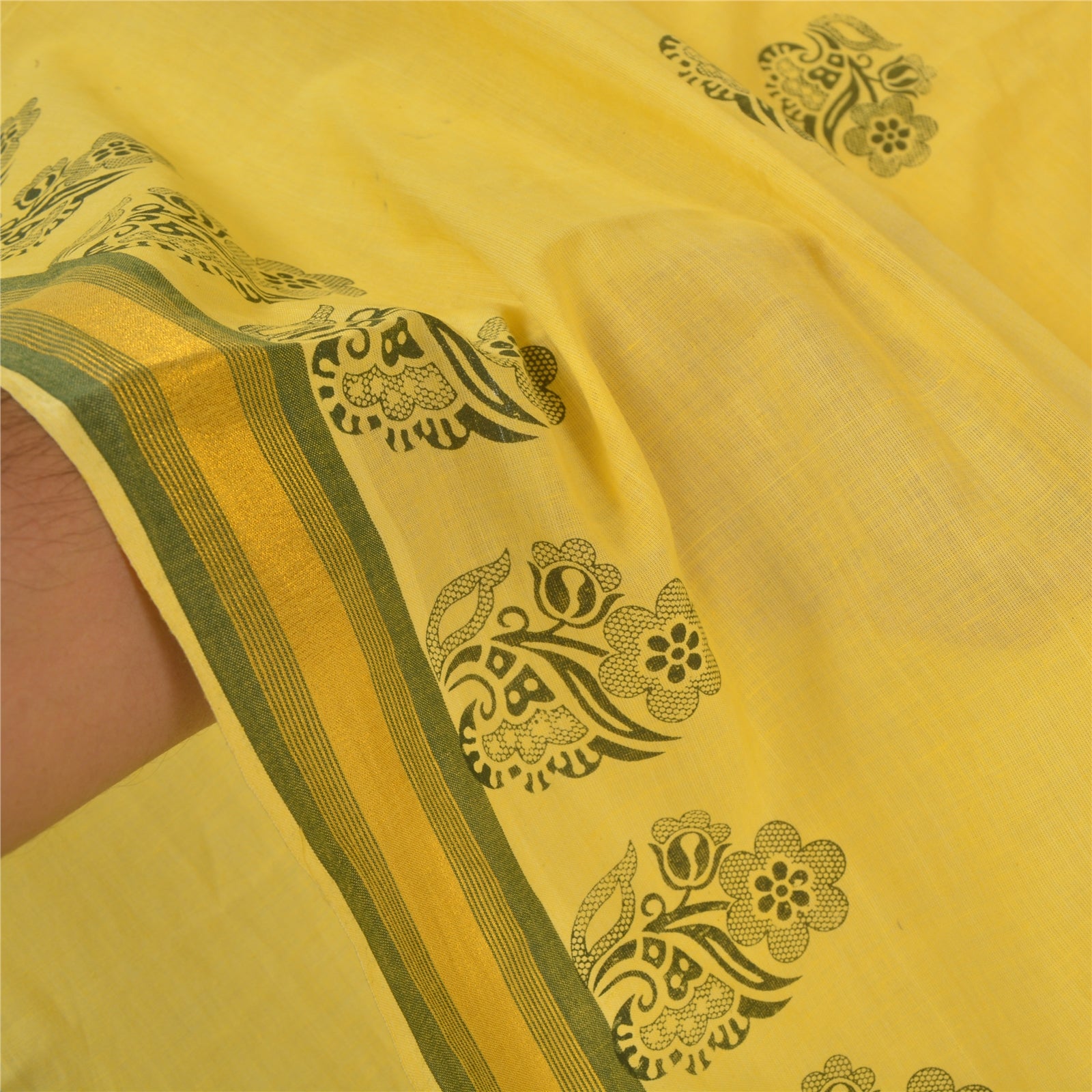 Sanskriti Vintage Yellow Sarees Blend Cotton Block Printed Premium Sari Sustainable Fabric