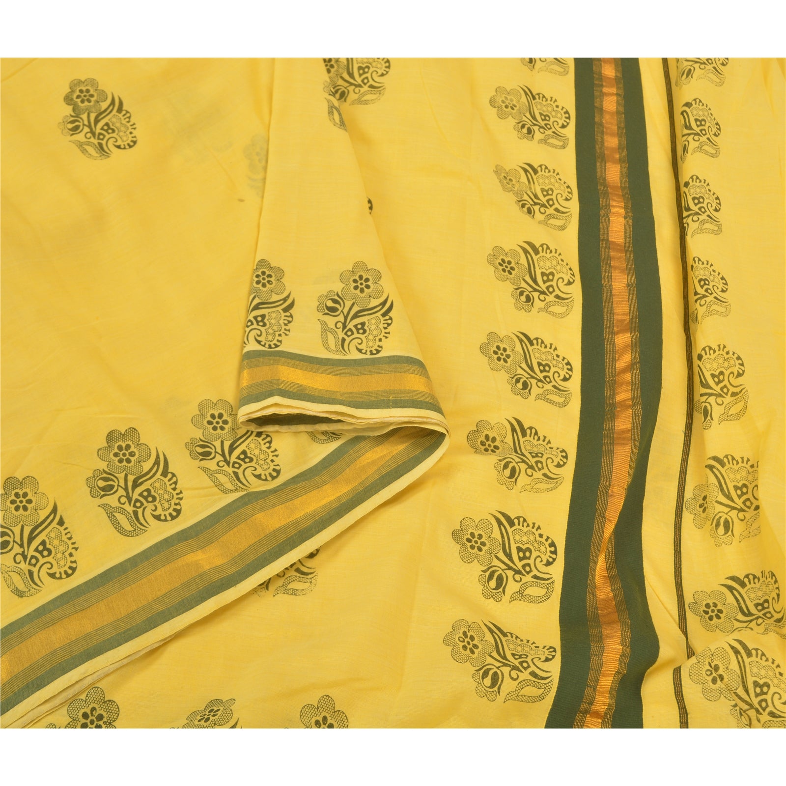 Sanskriti Vintage Yellow Sarees Blend Cotton Block Printed Premium Sari Sustainable Fabric