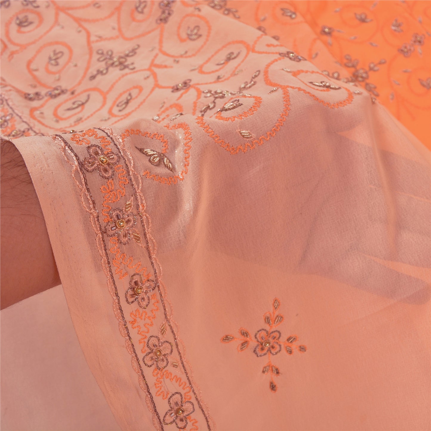 Sanskriti Vintage Peach Sarees Georgette Hand Beaded Premium Sari Craft Sustainable Fabric
