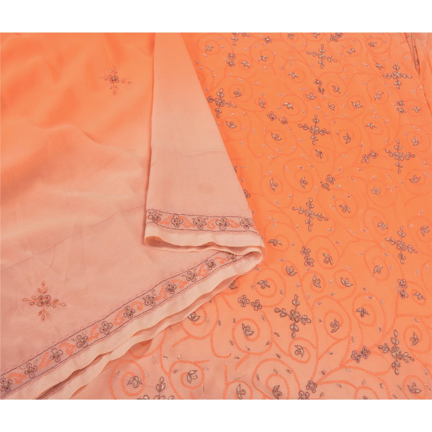Sanskriti Vintage Peach Sarees Georgette Hand Beaded Premium Sari Craft Sustainable Fabric