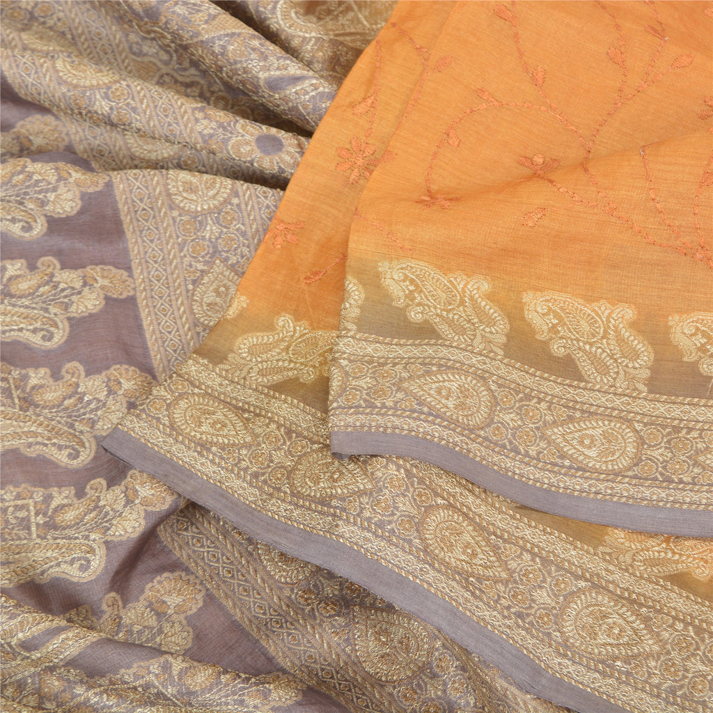 Sanskriti Vintage Saffron Sarees Pure Silk Embroidered Woven Sari Craft Sustainable Fabric