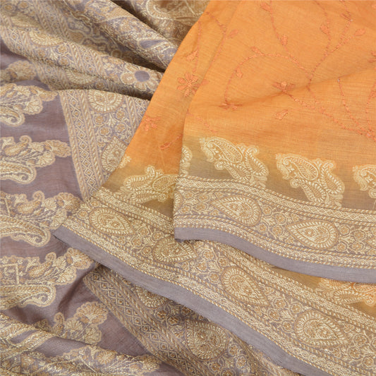 Sanskriti Vintage Saffron Sarees Pure Silk Embroidered Woven Sari Craft Sustainable Fabric