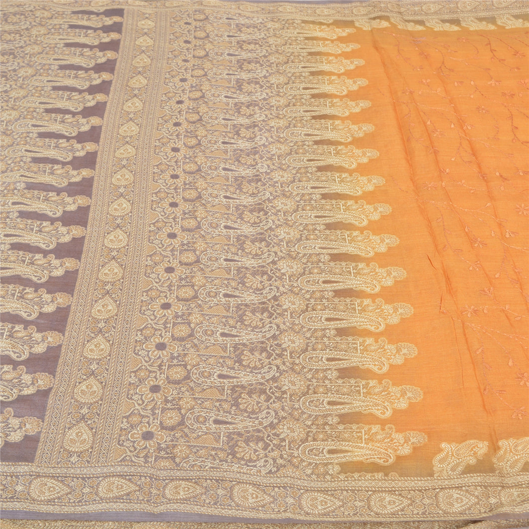 Sanskriti Vintage Saffron Sarees Pure Silk Embroidered Woven Sari Craft Fabric