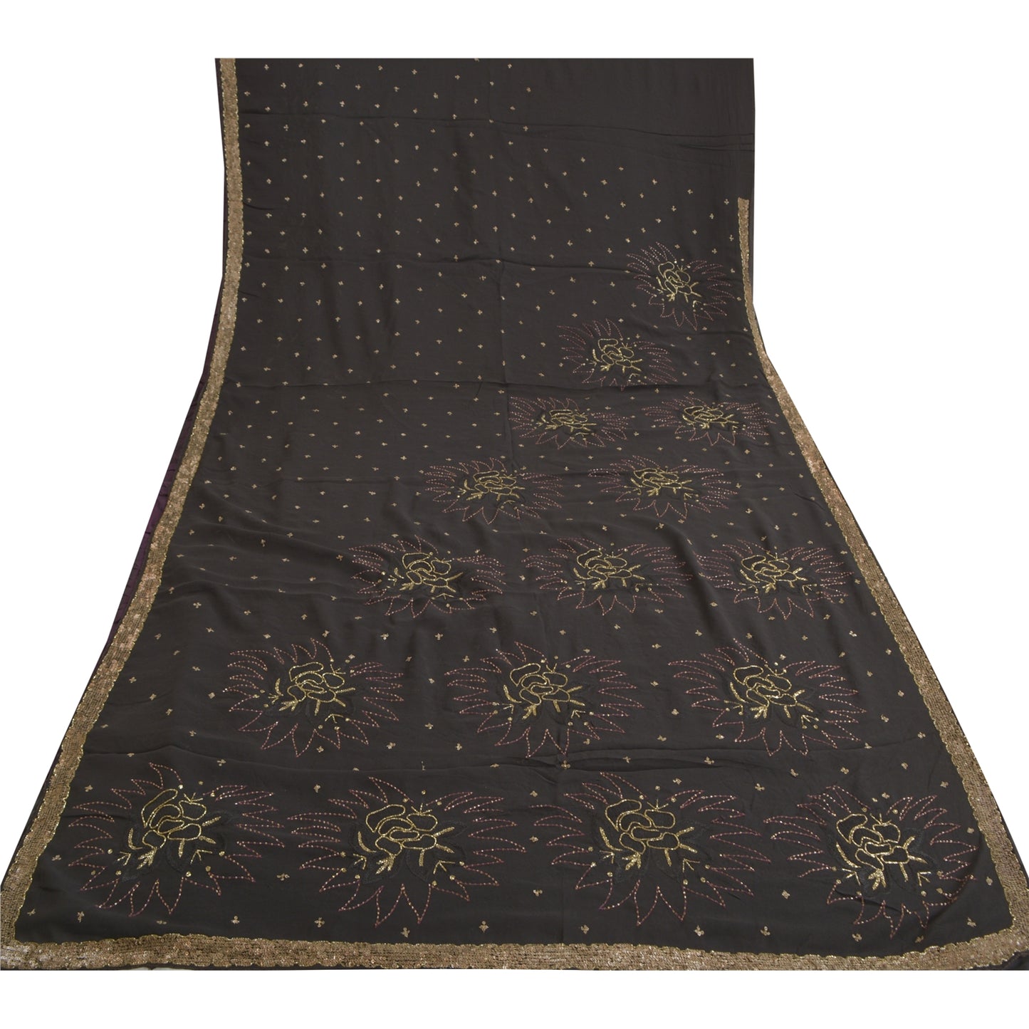 Sanskriti Vintage Black Sarees Georgette Hand Beaded Premium Sari Craft Sustainable Fabric