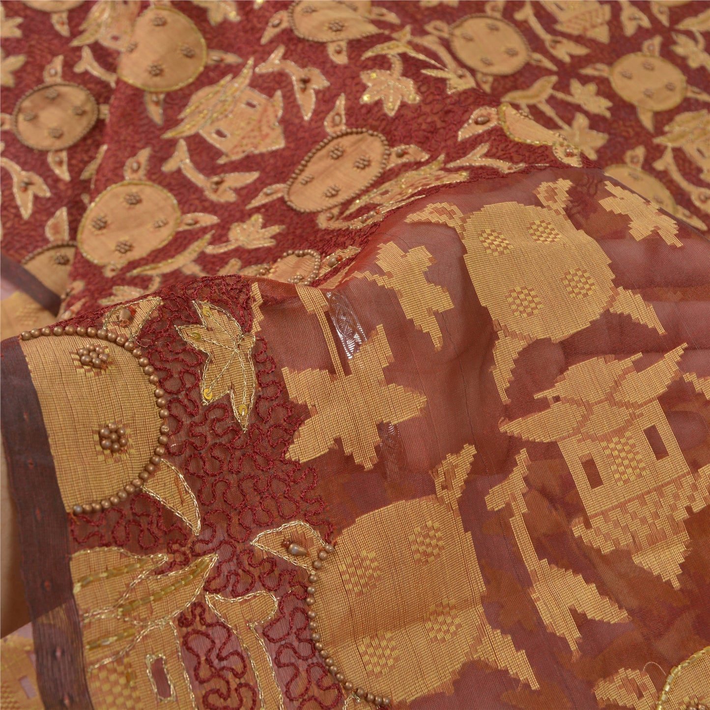 Sanskriti Vintage Indian Sarees Pure Organza Silk Hand Beaded Woven Sari Sustainable Fabric