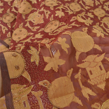 Sanskriti Vintage Indian Sarees Pure Organza Silk Hand Beaded Woven Sari Sustainable Fabric