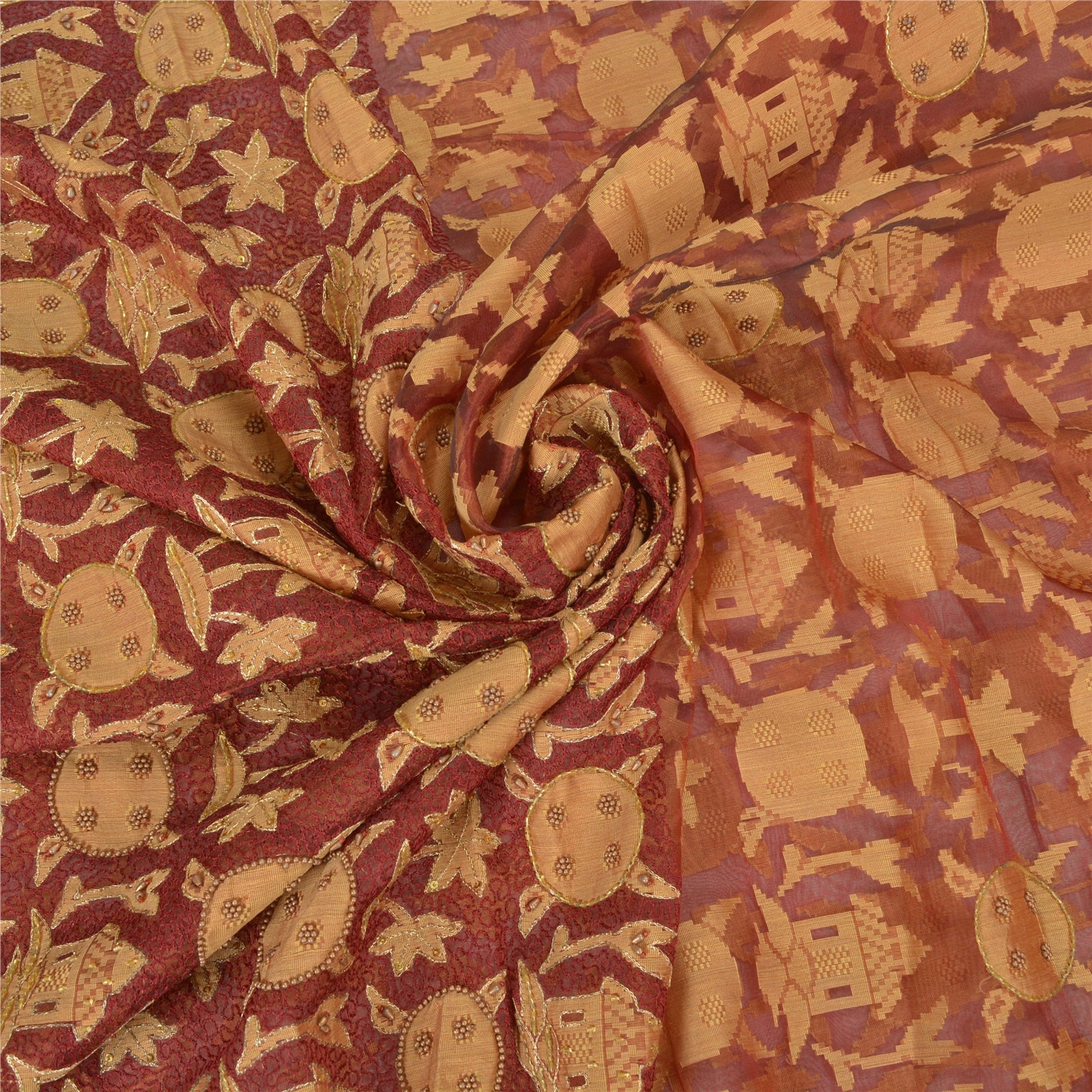 Sanskriti Vintage indiske sarier i ren organza silke, håndvævet sari med bæredygtigt stof og perler.