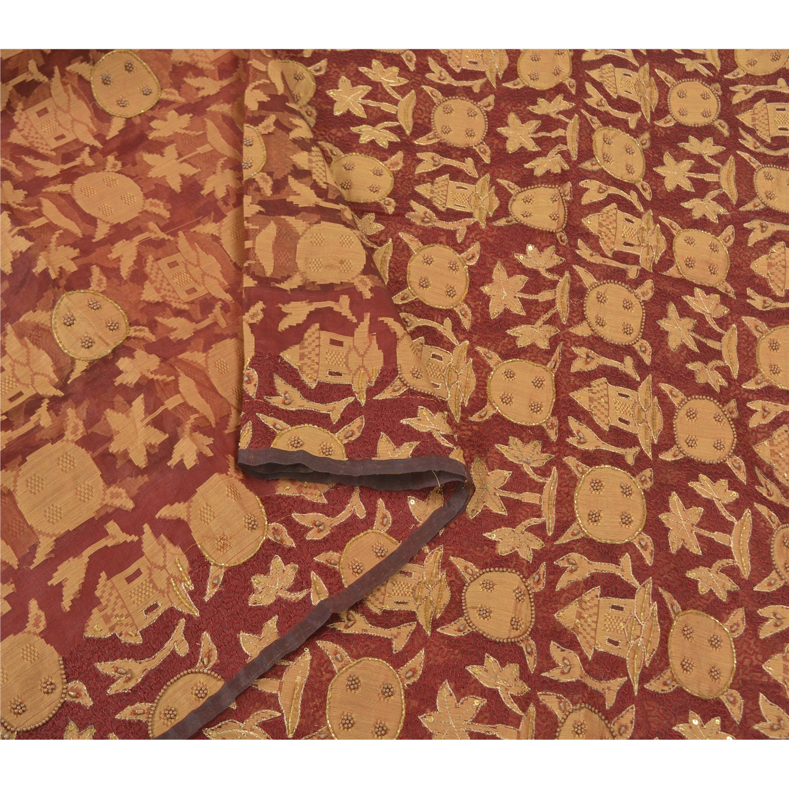 Sanskriti Vintage indiske sarier i ren organza silke, håndvævet sari med bæredygtigt stof og perler.