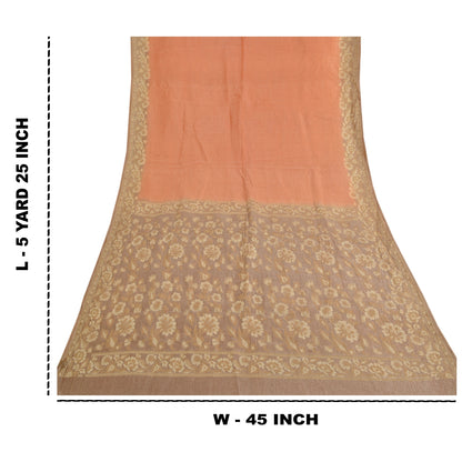 Sanskriti Vintage Peach Sarees 100% Pure Silk Woven Sari Craft 5 Yard Sustainable Fabric