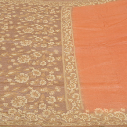 Sanskriti Vintage Peach Sarees 100% Pure Silk Woven Sari Craft 5 Yard Sustainable Fabric