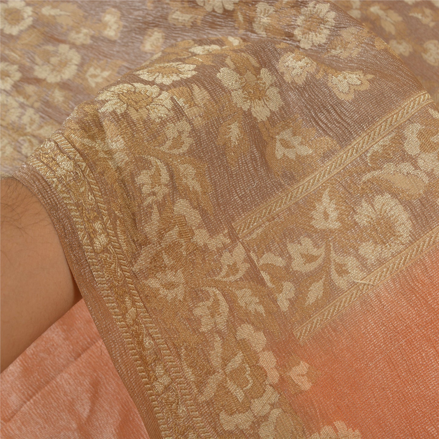 Sanskriti Vintage Peach Sarees 100% Pure Silk Woven Sari Craft 5 Yard Sustainable Fabric