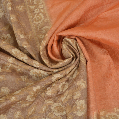 Sanskriti Vintage Peach Sarees 100% Pure Silk Woven Sari Craft 5 Yard Sustainable Fabric