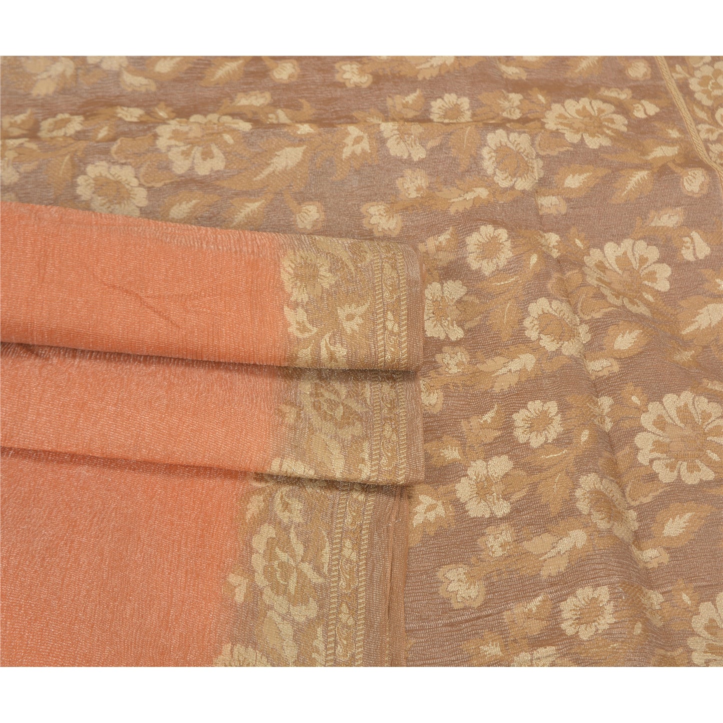 Sanskriti Vintage Peach Sarees 100% Pure Silk Woven Sari Craft 5 Yard Sustainable Fabric