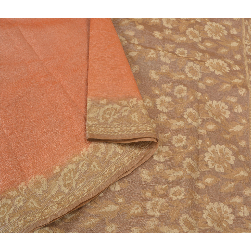 Sanskriti Vintage Peach Sarees 100% Pure Silk Woven Sari Craft 5 Yard Sustainable Fabric