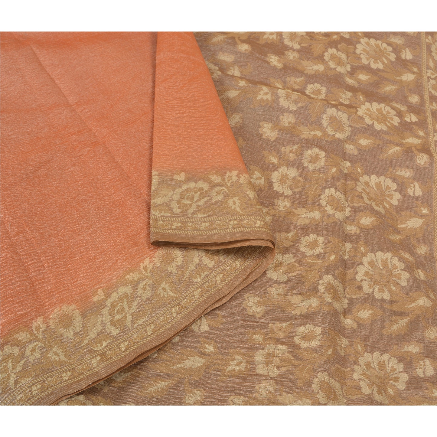 Sanskriti Vintage Peach Sarees 100% Pure Silk Woven Sari Craft 5 Yard Sustainable Fabric