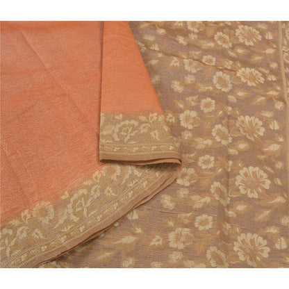 Sanskriti Vintage Peach Sarees 100% Pure Silk Woven Sari Craft 5 Yard Sustainable Fabric