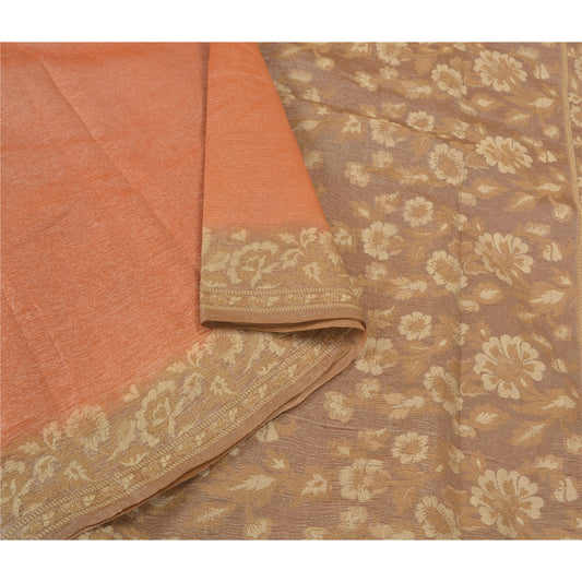 Sanskriti Vintage Peach Sarees 100% Pure Silk Woven Sari Craft 5 Yard Sustainable Fabric